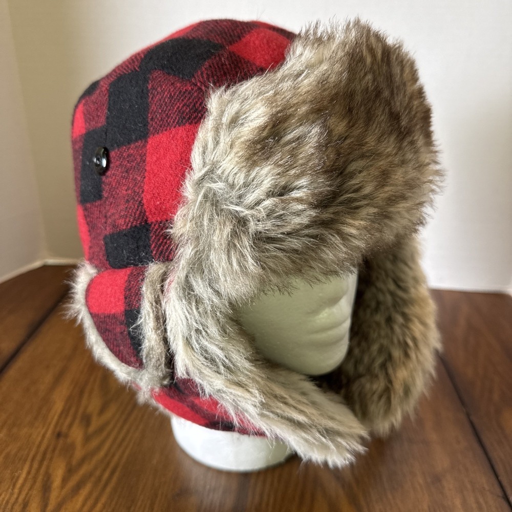 Eddie Bauer Buffalo Plaid Insulated Ear Flap Faux Fur Trapper Hat Size S/M